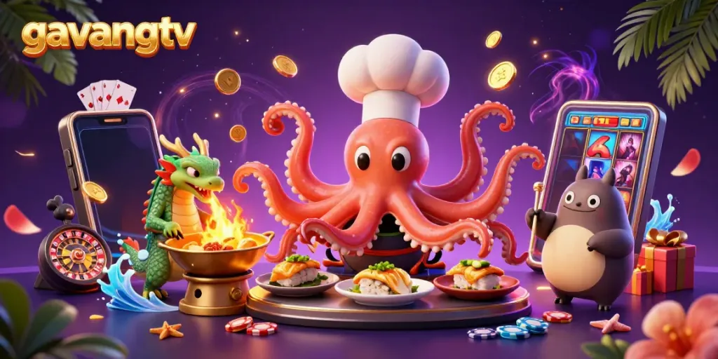 Experience engaging gaming action with gavangtv, featuring a colorful scene of a playful octopus chef and companions.