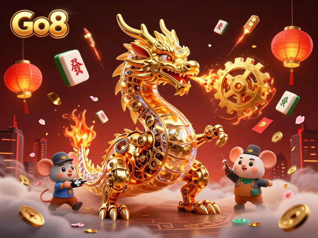 Experience the excitement of Go8 with a golden dragon breathing gears amidst vibrant gaming elements.