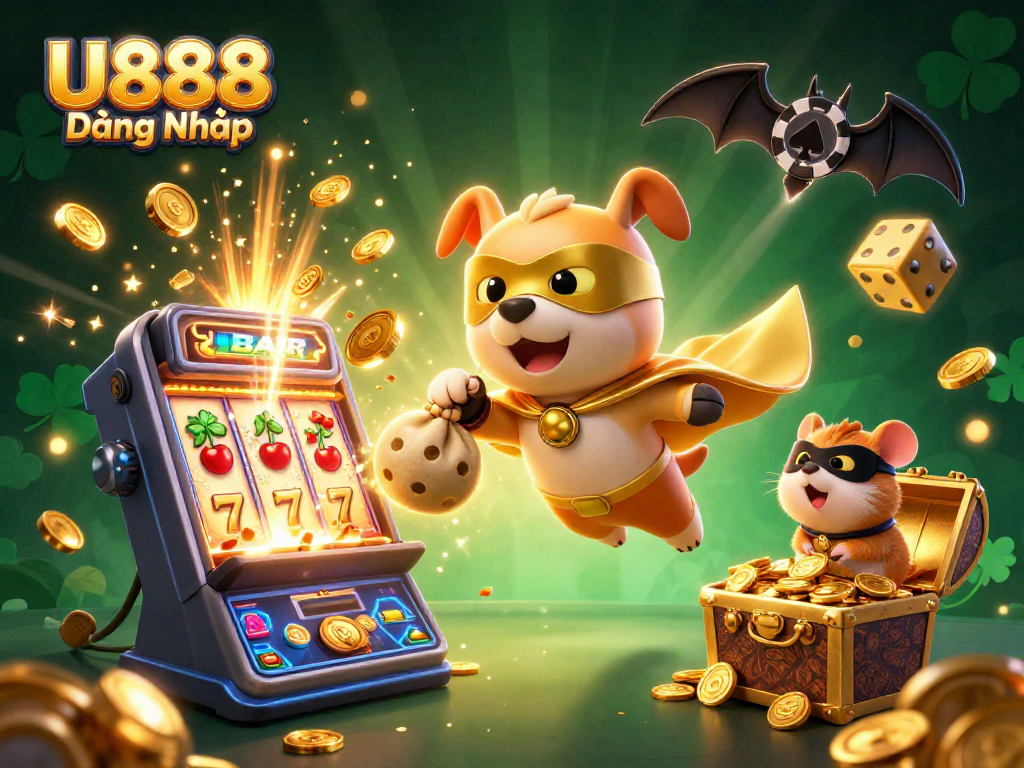 Experience thrilling moments at U888 Đăng Nhập with vibrant cartoon characters and dynamic casino elements.
