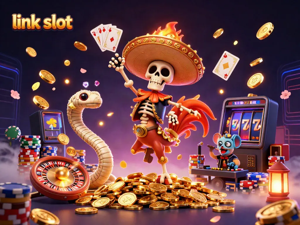Explore exciting slot games with link slot featuring vibrant characters celebrating wins with coins and colorful casino elements.