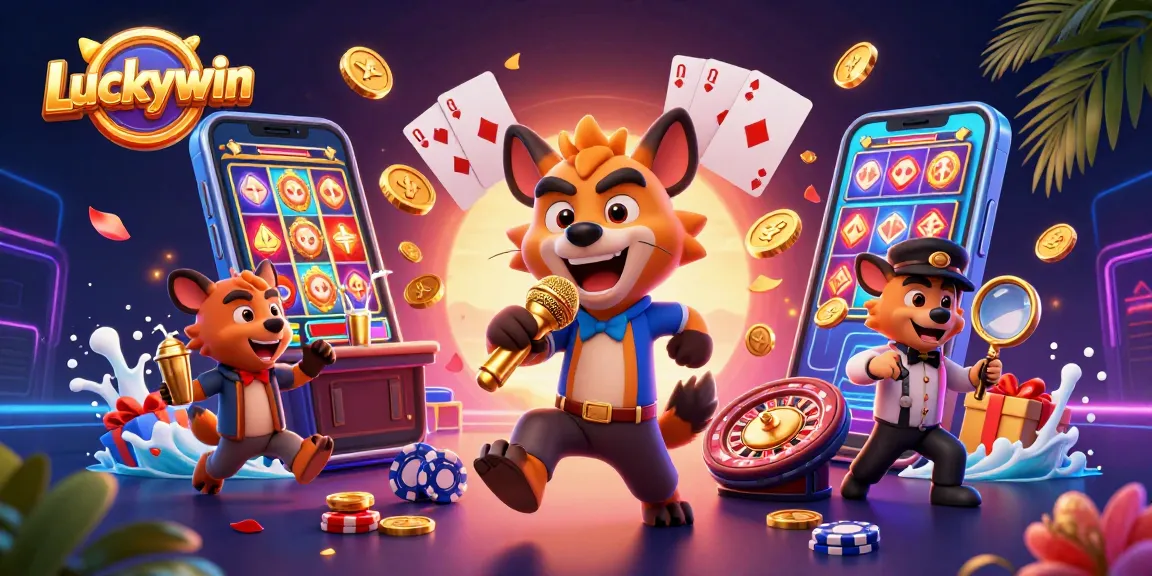 Experience exciting Luckywin moments in a vibrant comedy casino scene with dynamic characters and games.
