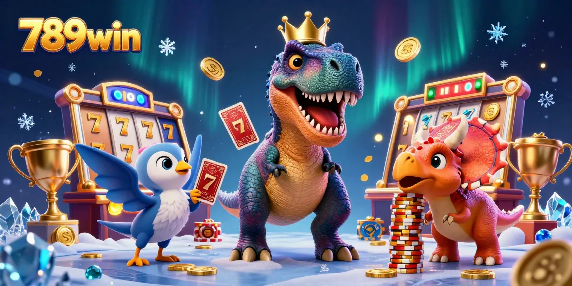 Experience thrilling gaming action with 789win’s dynamic 3D casino scene featuring fun dinosaur characters.