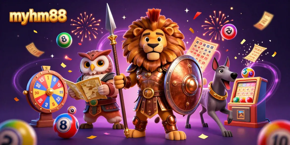 Experience thrilling gameplay at myhm88 with a vibrant casino atmosphere filled with lottery balls and prize wheels.