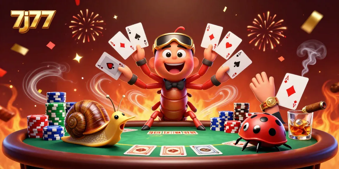 Experience the thrill of 7j77 poker with a captivating 3D scene featuring a millipede dealer and vibrant game elements.